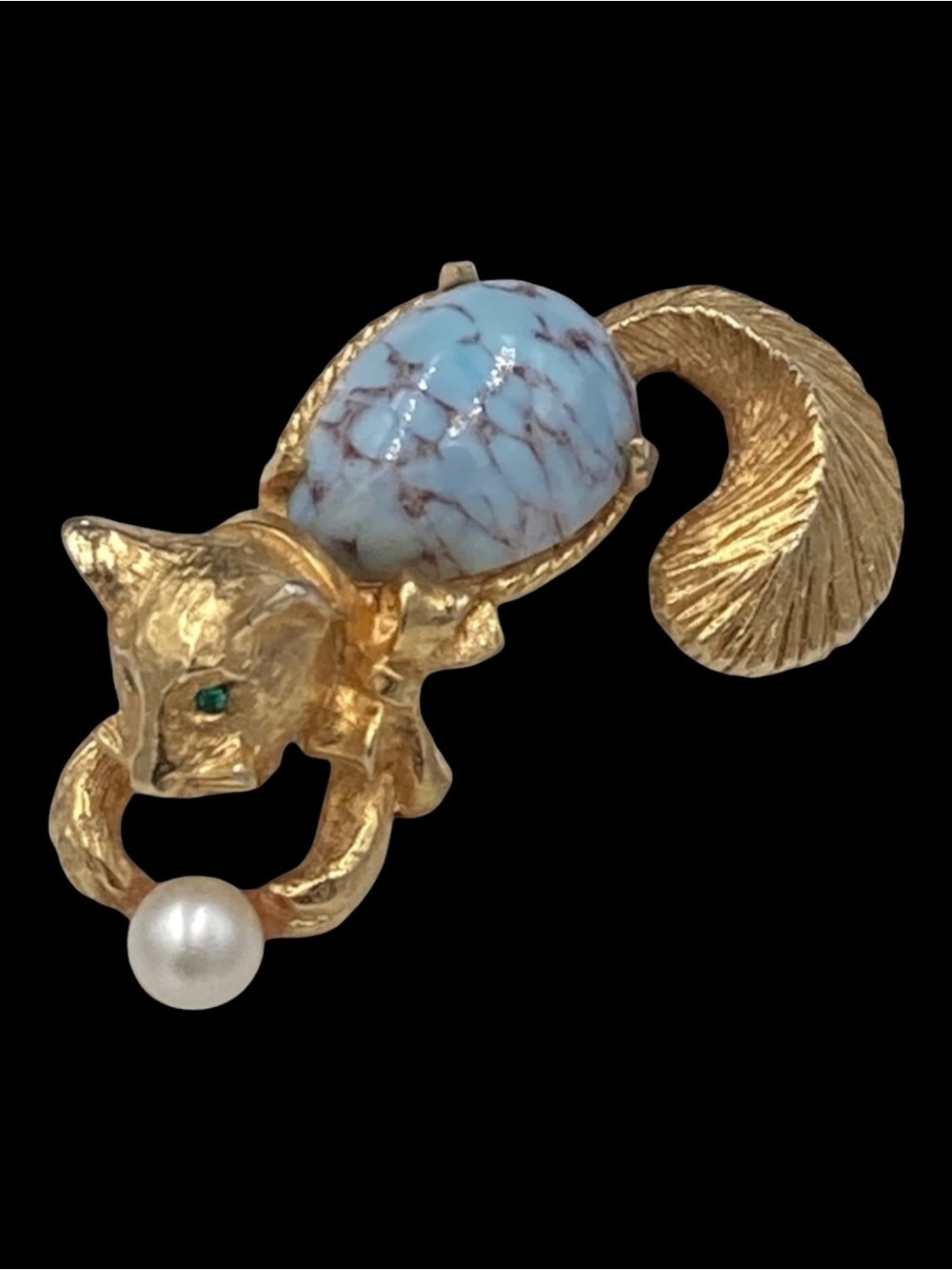 Vintage DeNicola Blue Art Glass Playful Cat Brooch